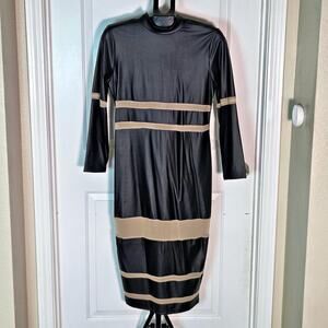 Shein curve faux leather black and tan striped midi dress size 0XL (US 12)